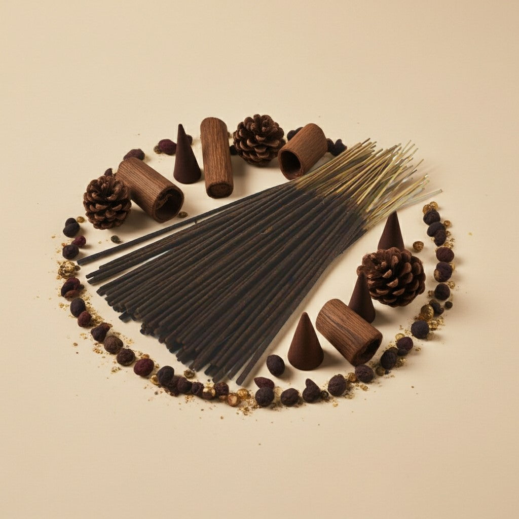 Imported Black Oud Incense Sticks with a pink ribbon surrounded by various shaped and sized incense cones on a light background