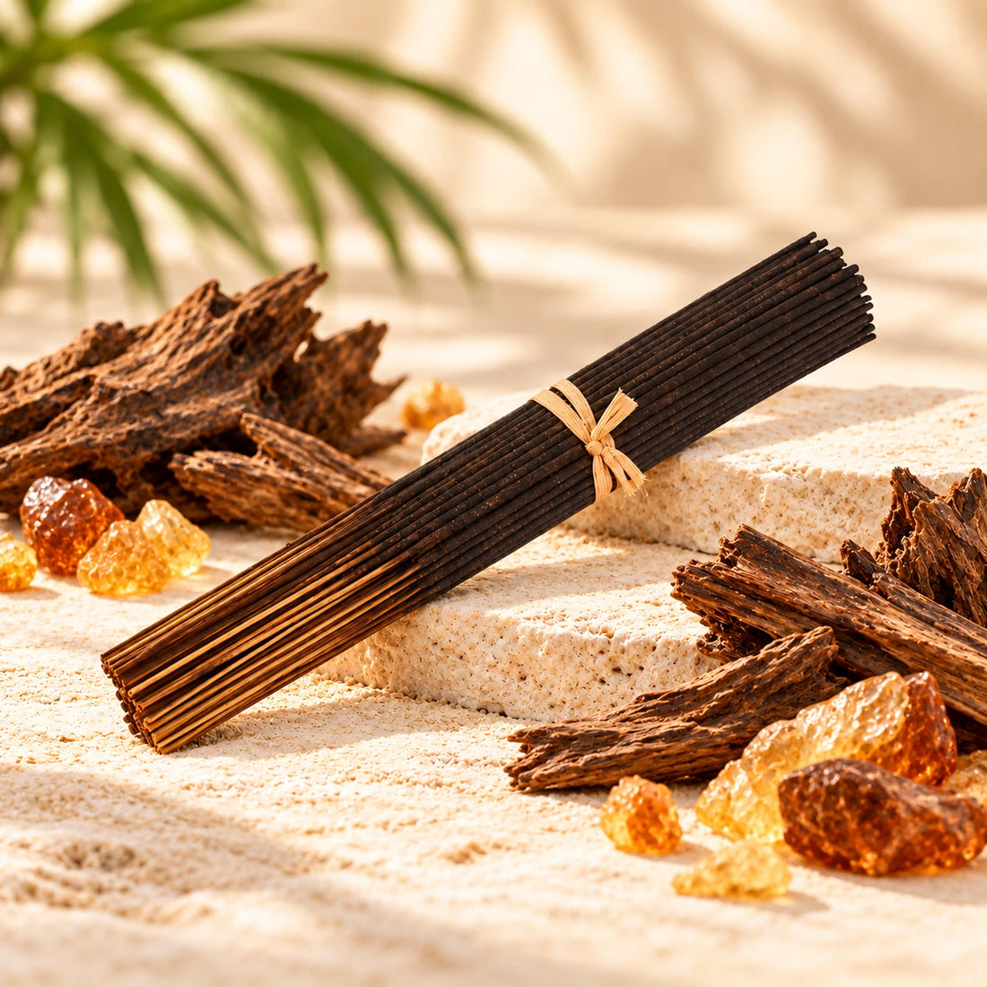 Imported Black Oud Incense Sticks on cream stone.