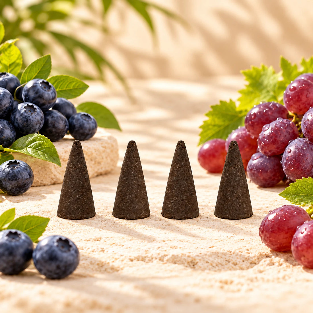 Imported Blueberry Grapes Incense Cones on cream stone.
