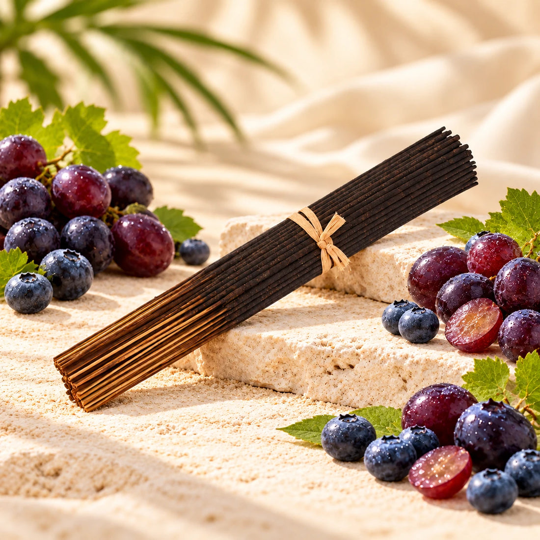 Imported Blueberry Grapes Incense Sticks on cream stone.