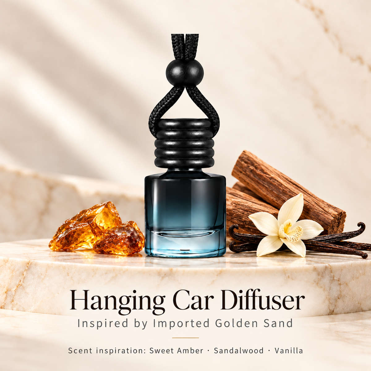Hanging car diffuser inspired by Imported Golden Sand, with scent illustrations on warm ivory stone