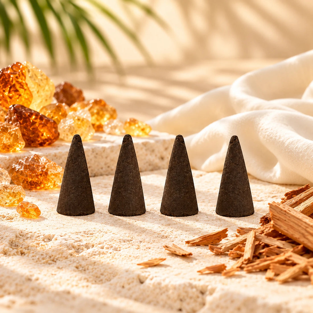 Imported Golden Sand Incense Cones on cream stone.