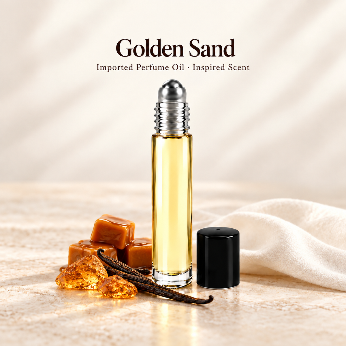 Imported Golden Sand Perfume Oil with minimal fragrance note accents on soft ivory