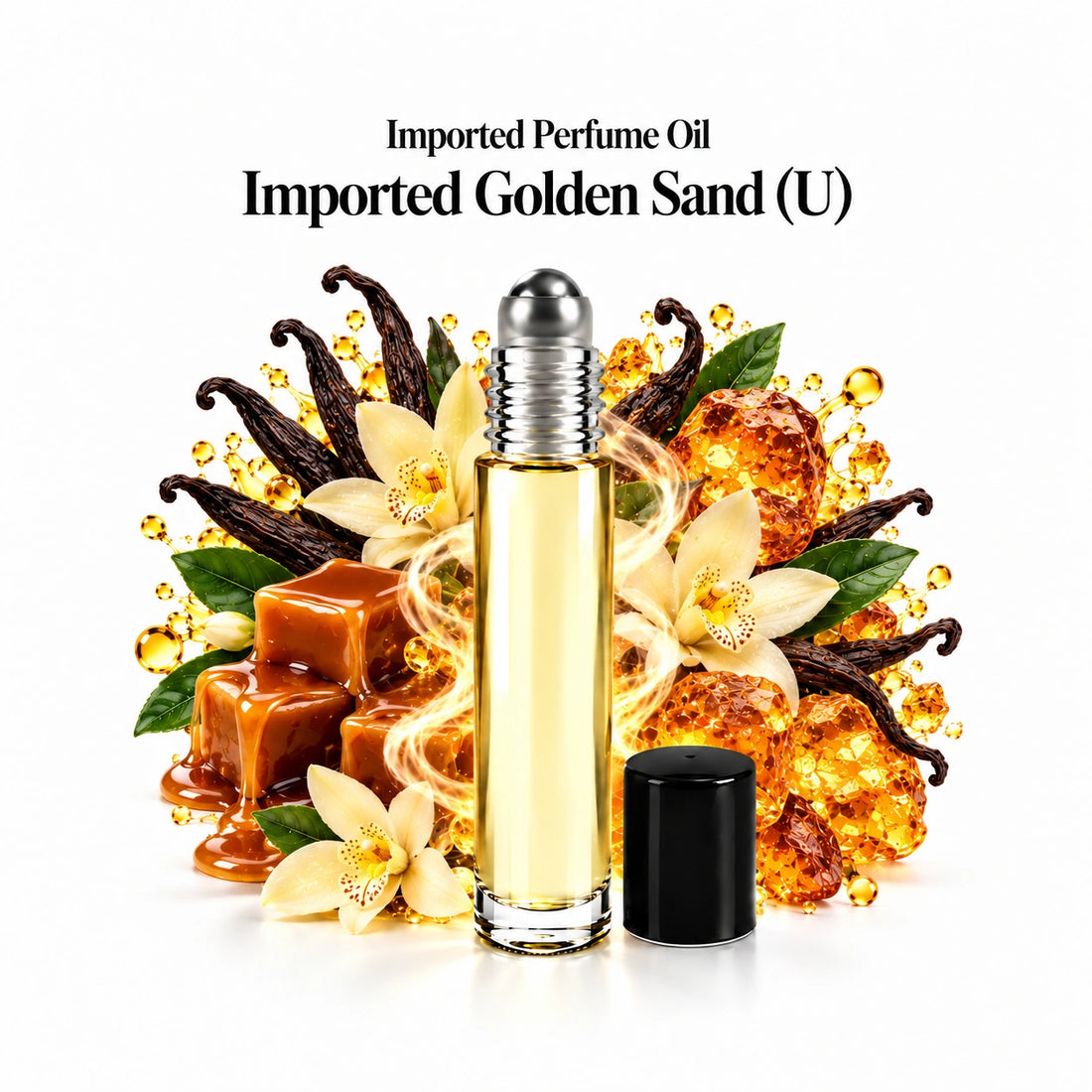 Imported Golden Sand (U) perfume oil with a centered roll-on bottle and fragrance-note arrangement, generous white margins.