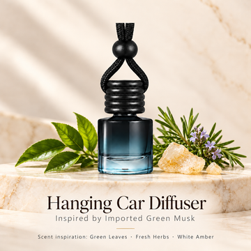 Hanging car diffuser inspired by Imported Green Musk, with scent illustrations on warm ivory stone