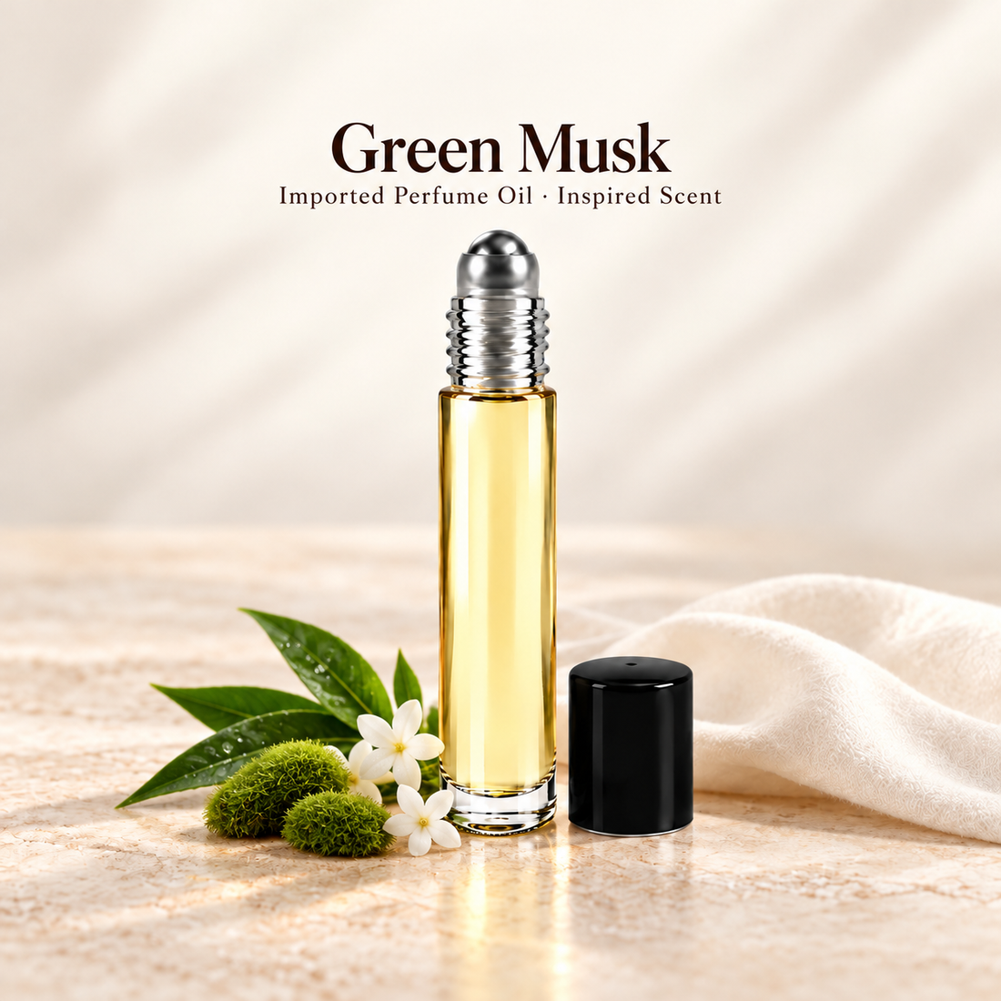 Imported Green Musk Perfume Oil with minimal fragrance note accents on soft ivory