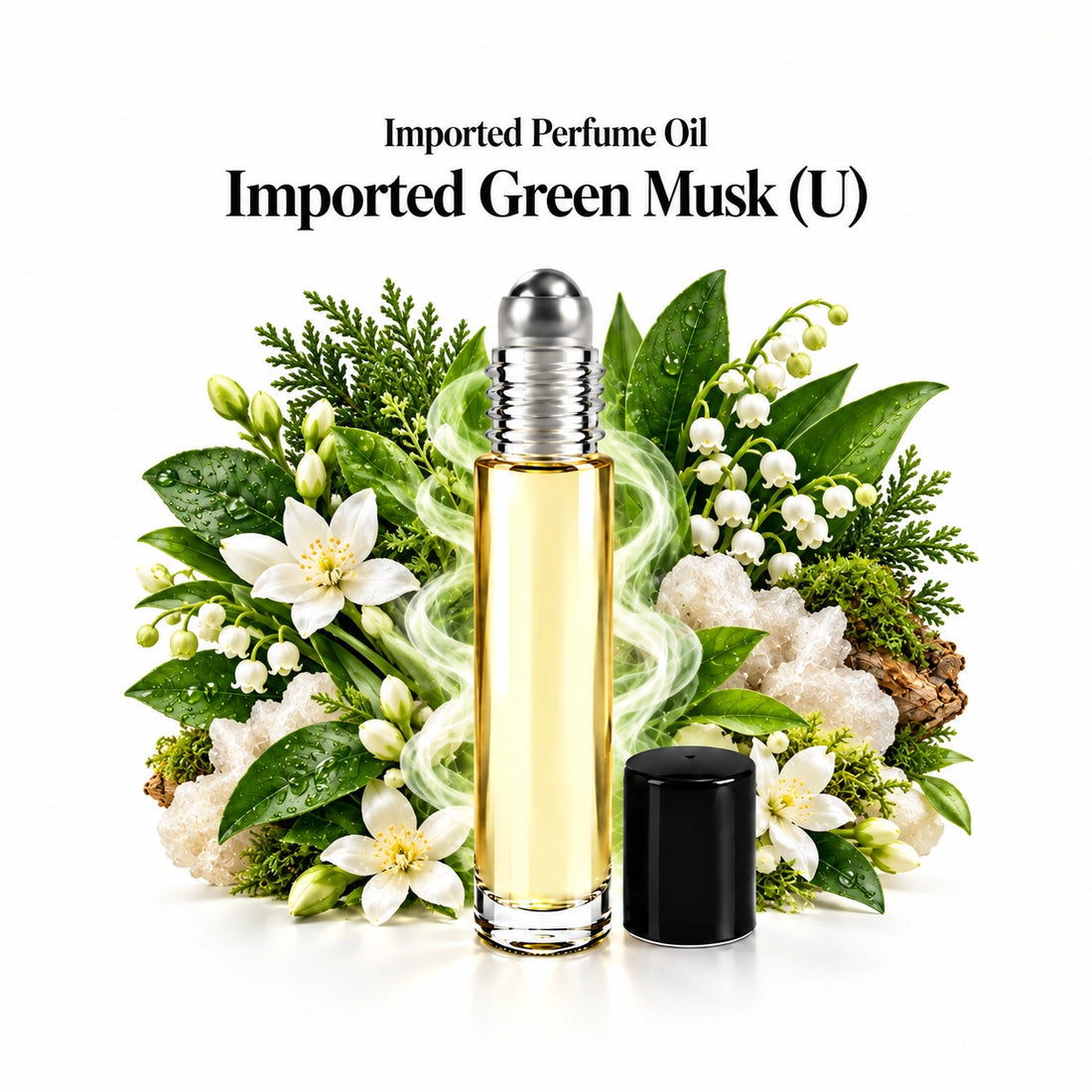 Imported Green Musk (U) perfume oil with a centered roll-on bottle and fragrance-note arrangement, generous white margins.