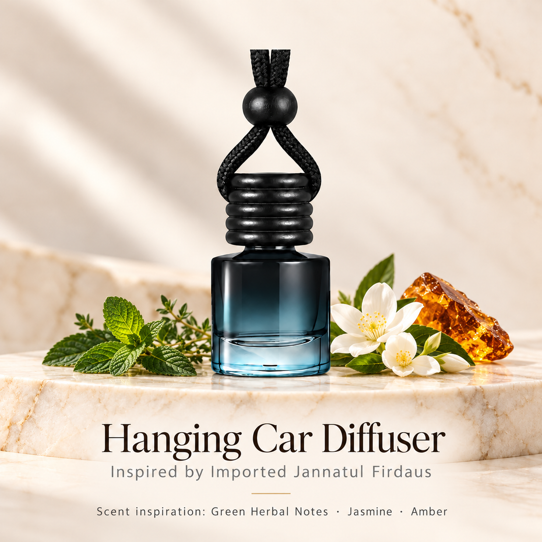 Hanging car diffuser inspired by Imported Jannatul Firdaus, with scent illustrations on warm ivory stone