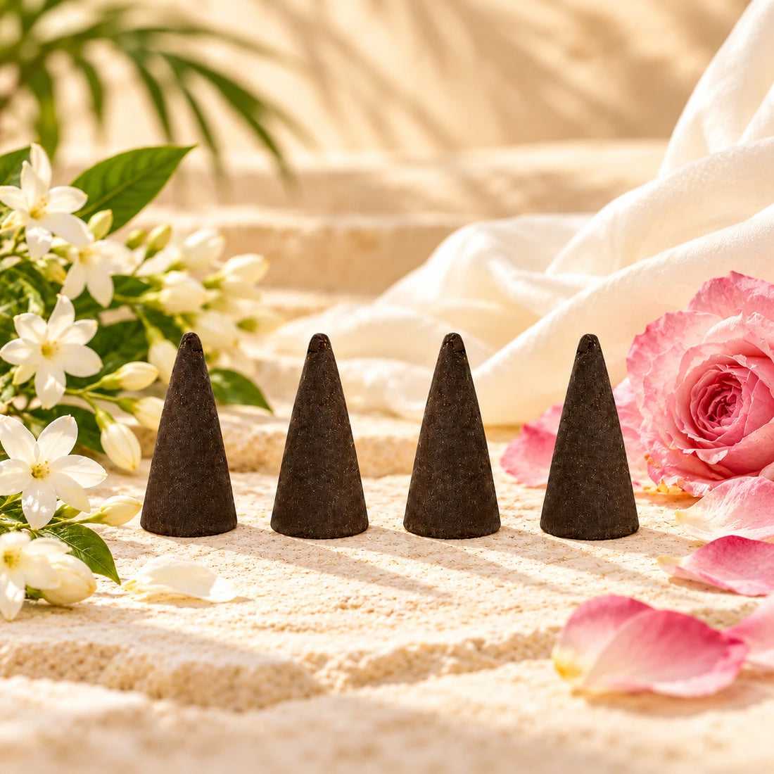 Imported Jannatul Firdaus Incense Cones on cream stone.