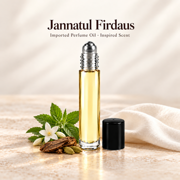 Imported Jannatul Firdaus Perfume Oil with minimal fragrance note accents on soft ivory