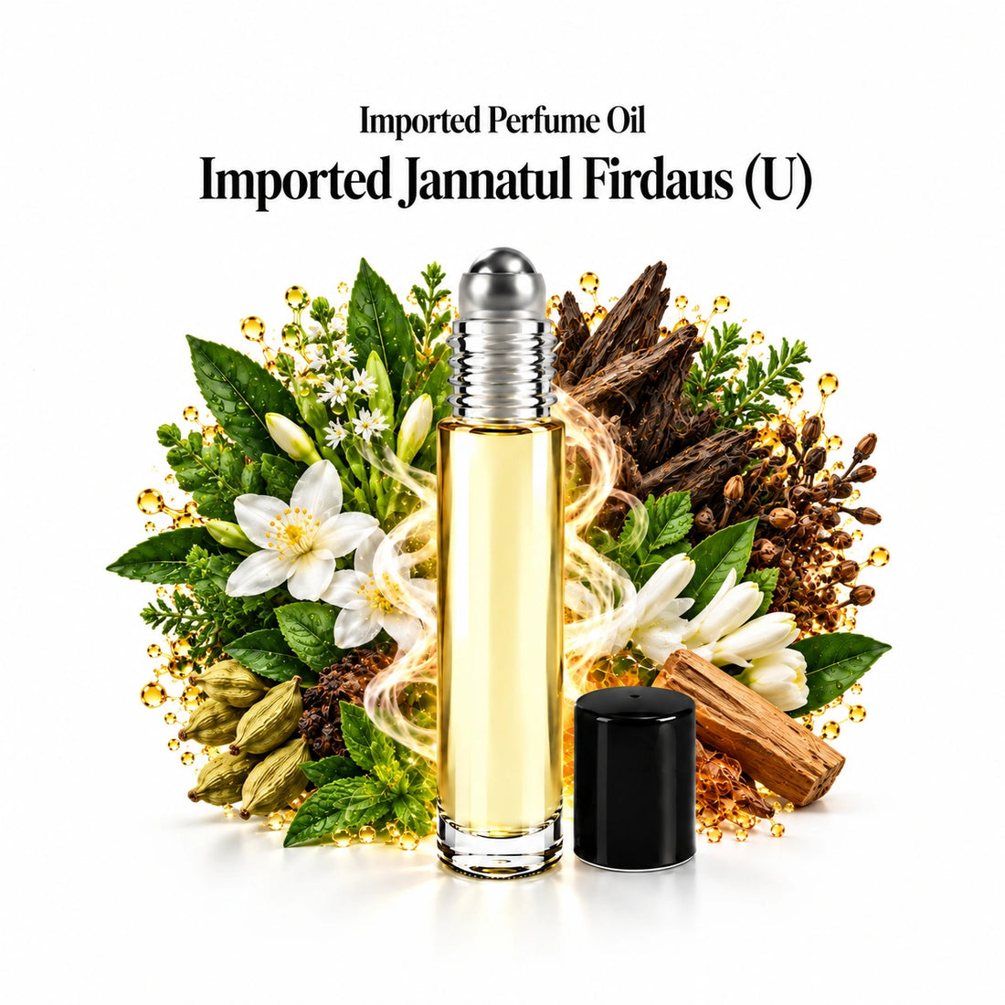 Imported Jannatul Firdaus (U) perfume oil with a centered roll-on bottle and fragrance-note arrangement, generous white margins.