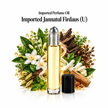 Imported Jannatul Firdaus (U) perfume oil with a centered roll-on bottle and fragrance-note arrangement, generous white margins.