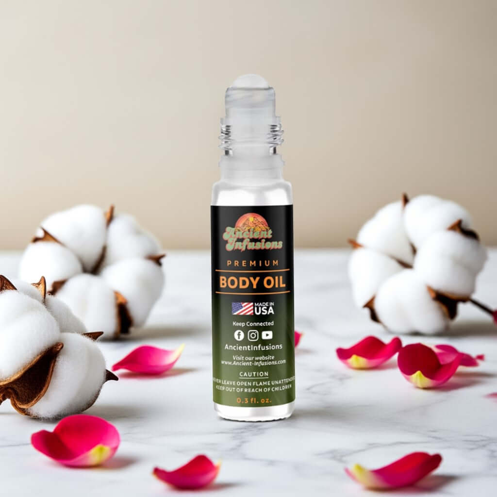 Imported Tahara Musk Body Oil bottle with cotton and rose petals in background