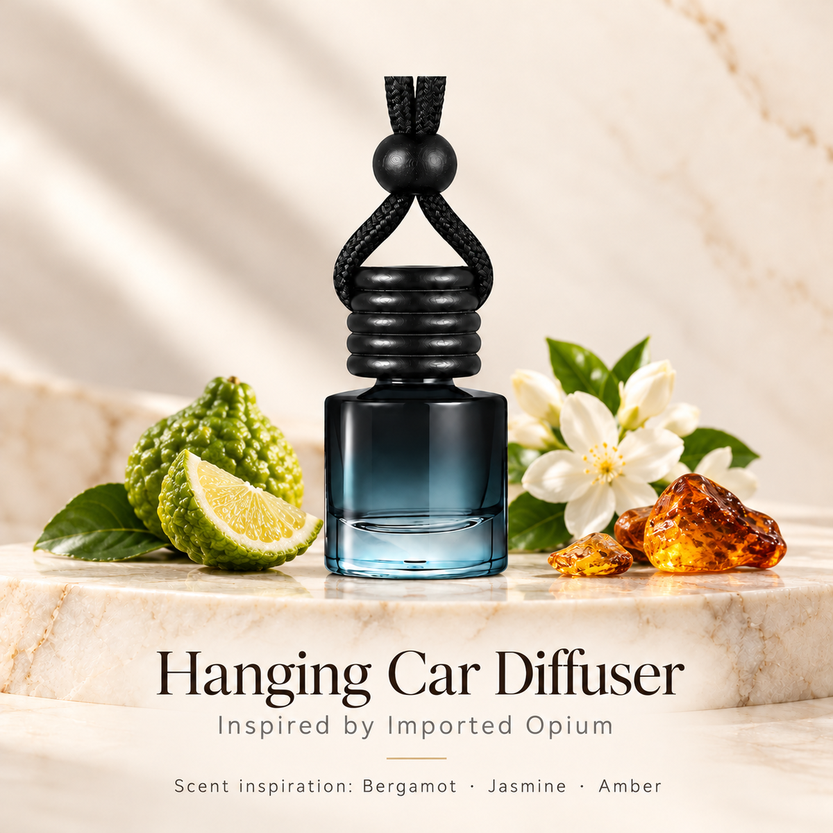 Hanging car diffuser inspired by Imported Opium, with scent illustrations on warm ivory stone