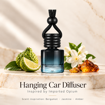 Hanging car diffuser inspired by Imported Opium, with scent illustrations on warm ivory stone
