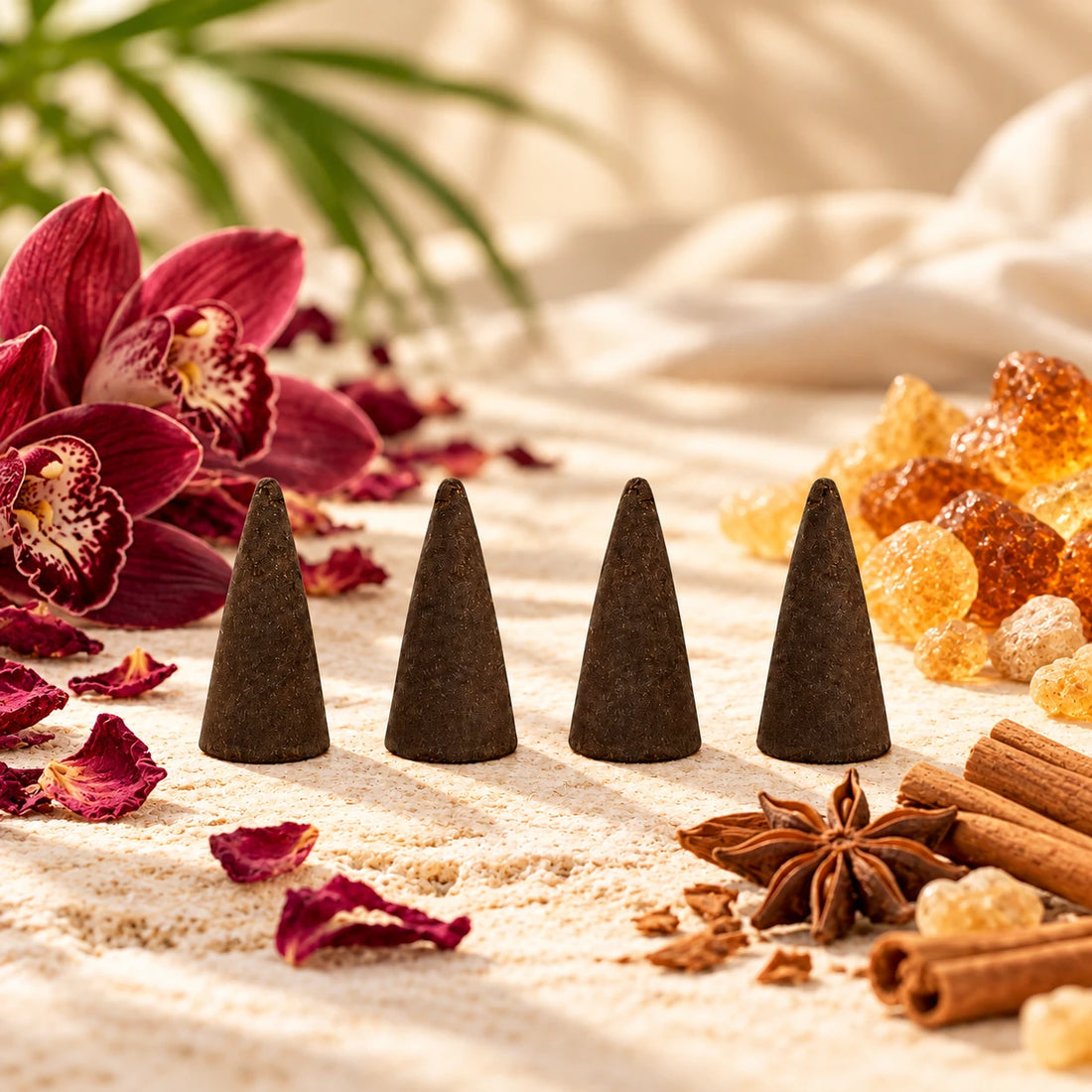 Imported Opium Incense Cones on cream stone.