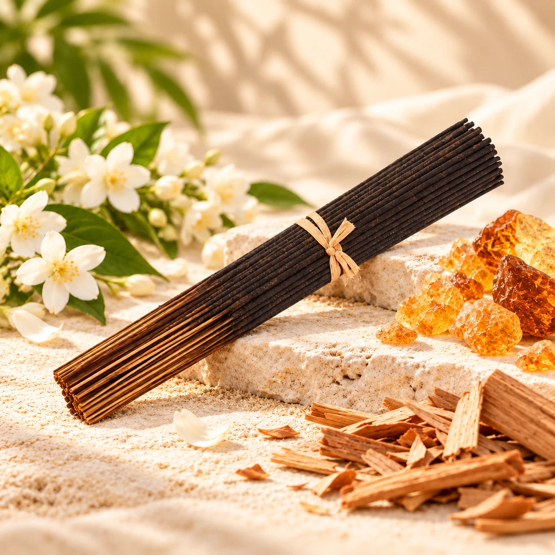 Imported Opium Incense Sticks on cream stone.