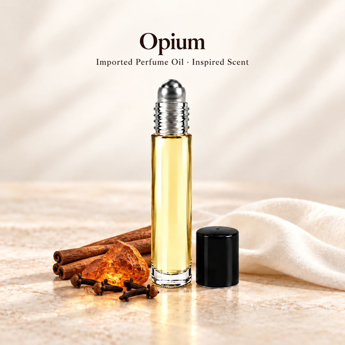 Imported Opium Perfume Oil with minimal fragrance note accents on soft ivory