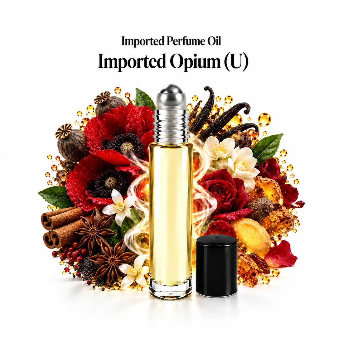 Imported Opium (U) perfume oil with a centered roll-on bottle and fragrance-note arrangement, generous white margins.