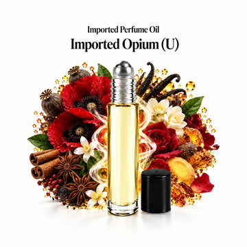 Imported Opium (U) perfume oil with a centered roll-on bottle and fragrance-note arrangement, generous white margins.