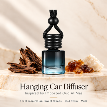 Hanging car diffuser inspired by Imported Oud Al Mas, with scent illustrations on warm ivory stone
