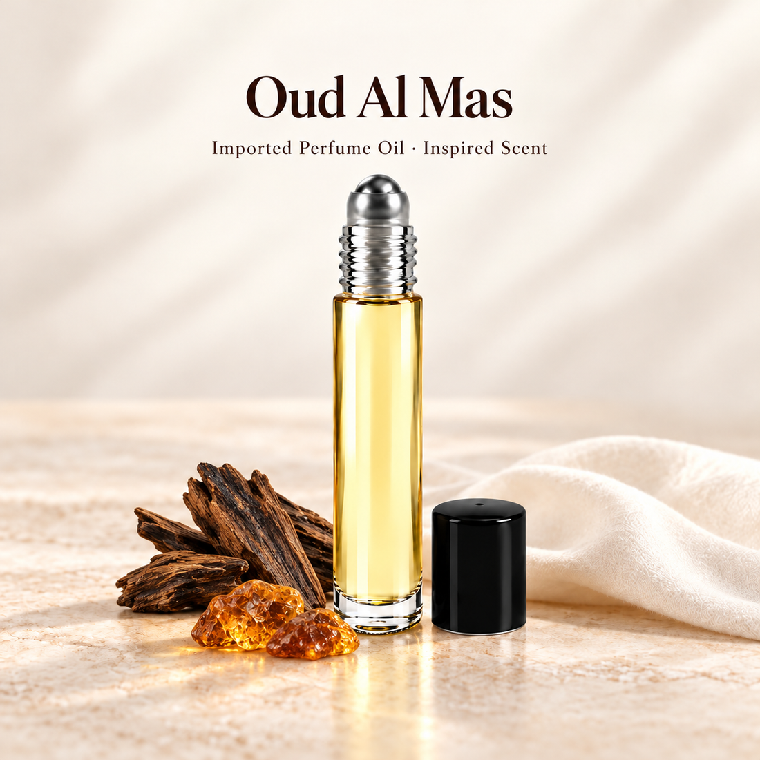 Imported Oud Al Mas Perfume Oil with minimal scent note accents on soft ivory