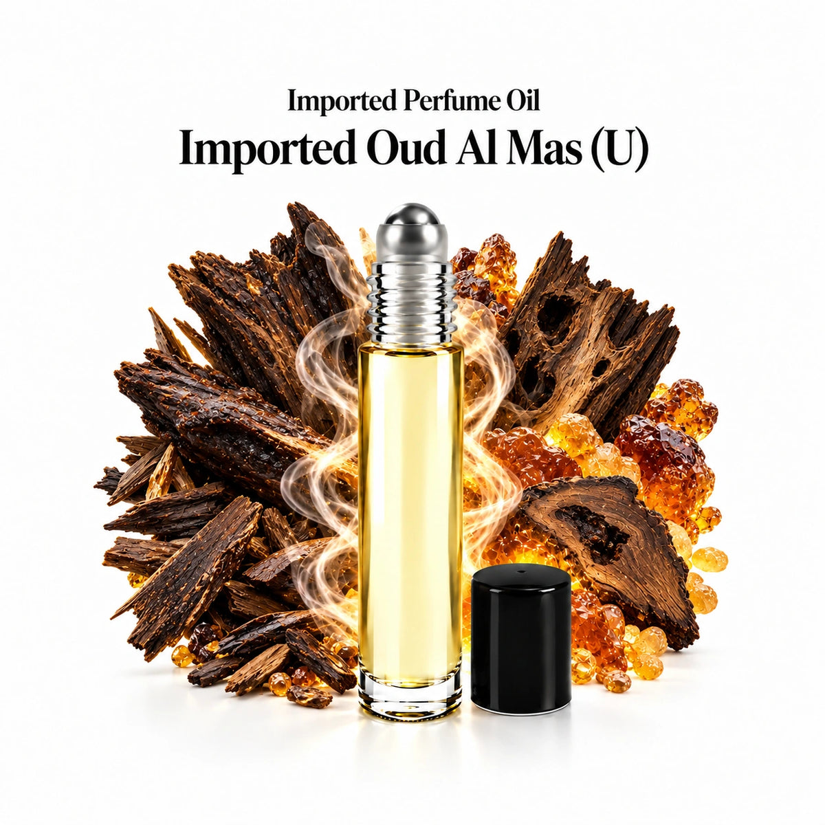 Imported Oud Al Mas (U) perfume oil with a centered roll-on bottle and fragrance-note arrangement, generous white margins.
