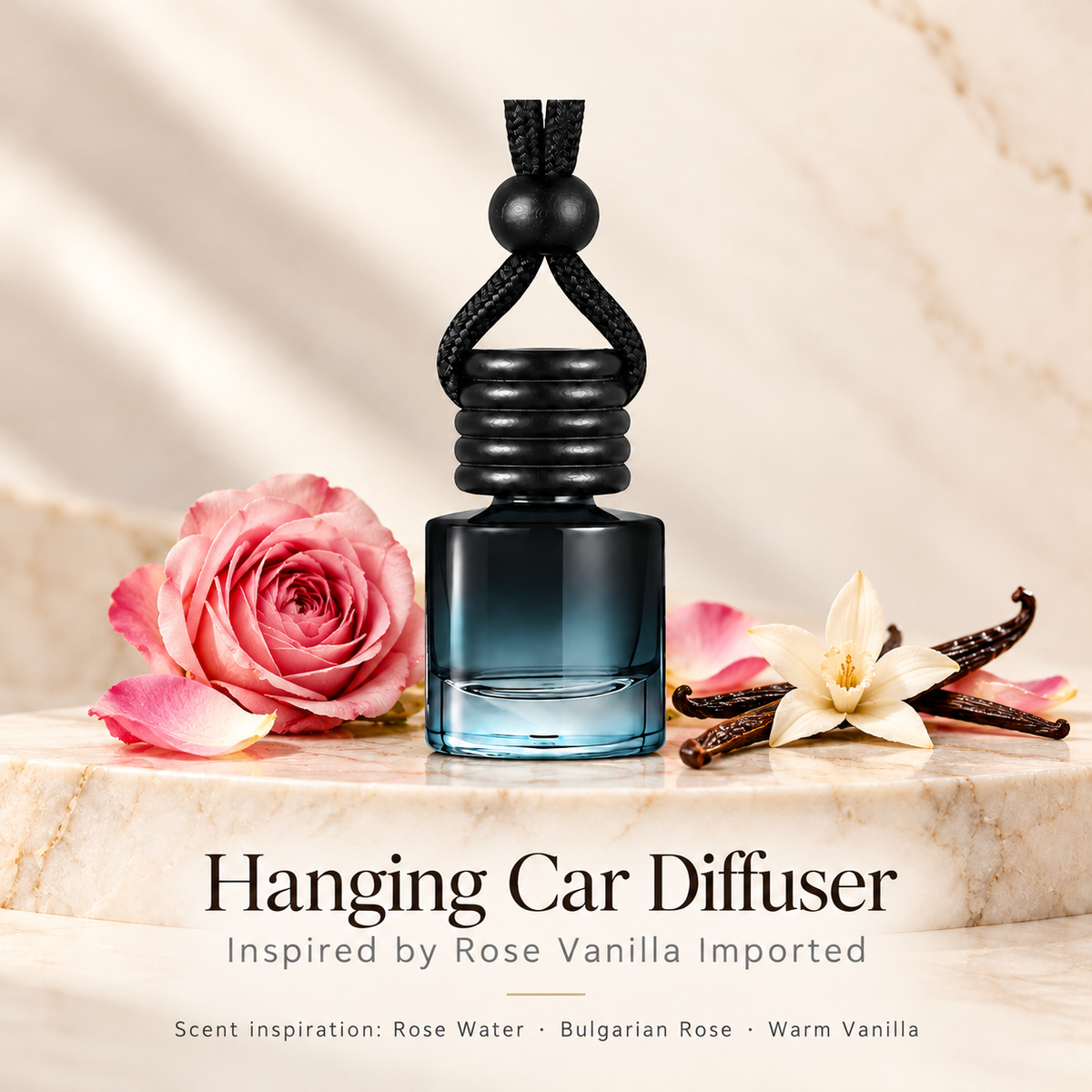 Hanging car diffuser inspired by Rose Vanilla Imported, with scent illustrations on warm ivory stone