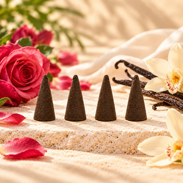 Imported Rose Vanilla Incense Cones on cream stone.