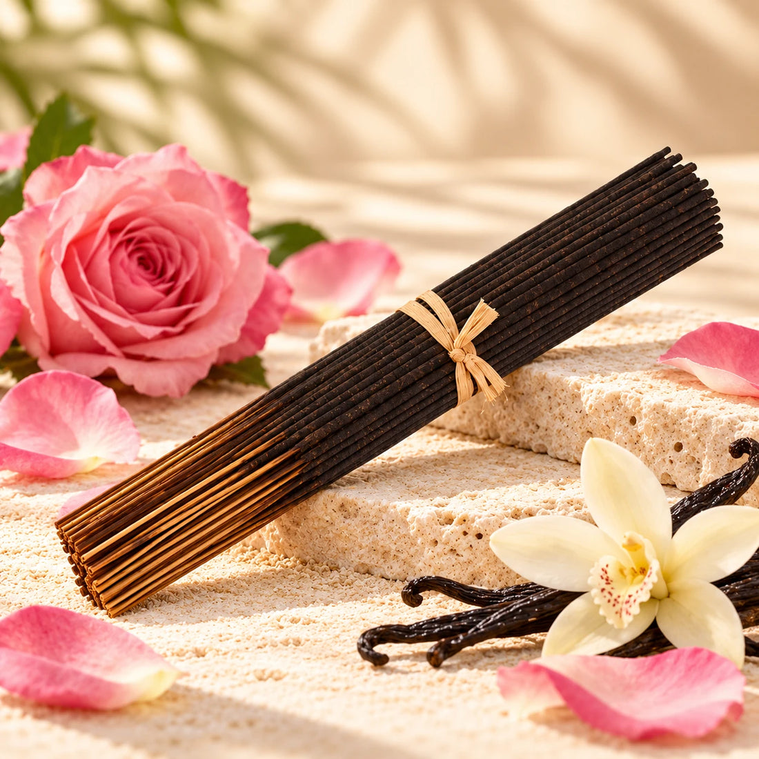 Imported Rose Vanilla Incense Sticks on cream stone.