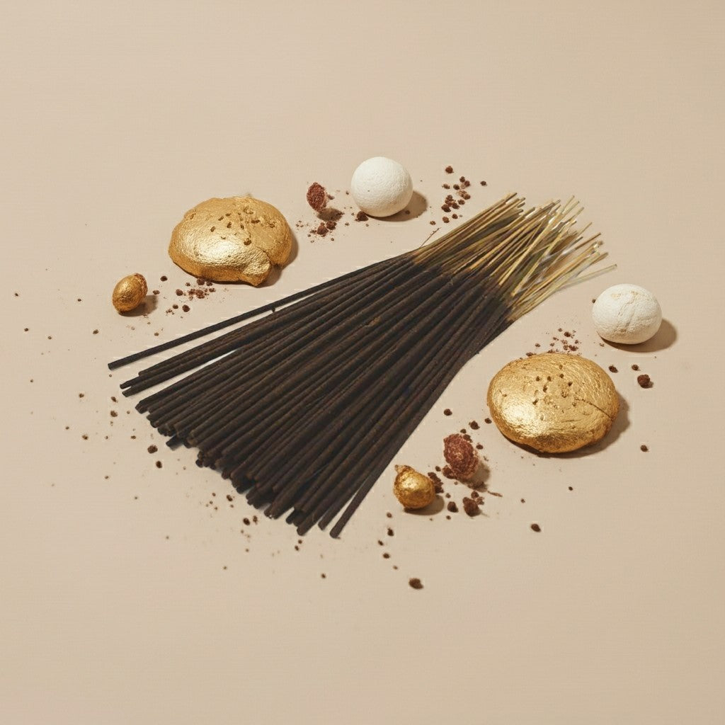 Imported Vanilla Musk Incense Sticks with decorative stones and a small dish on a beige background