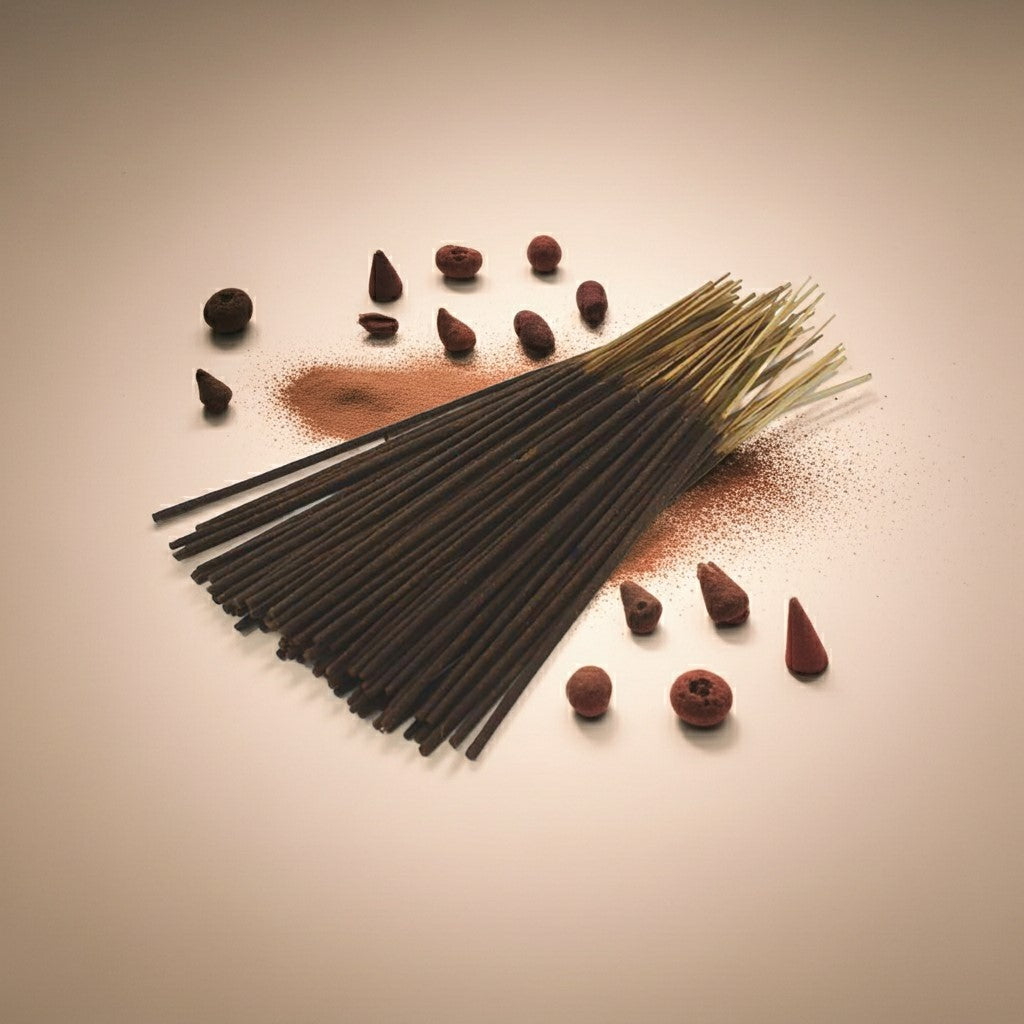 Imported White Oud Incense Sticks and cones on a beige background