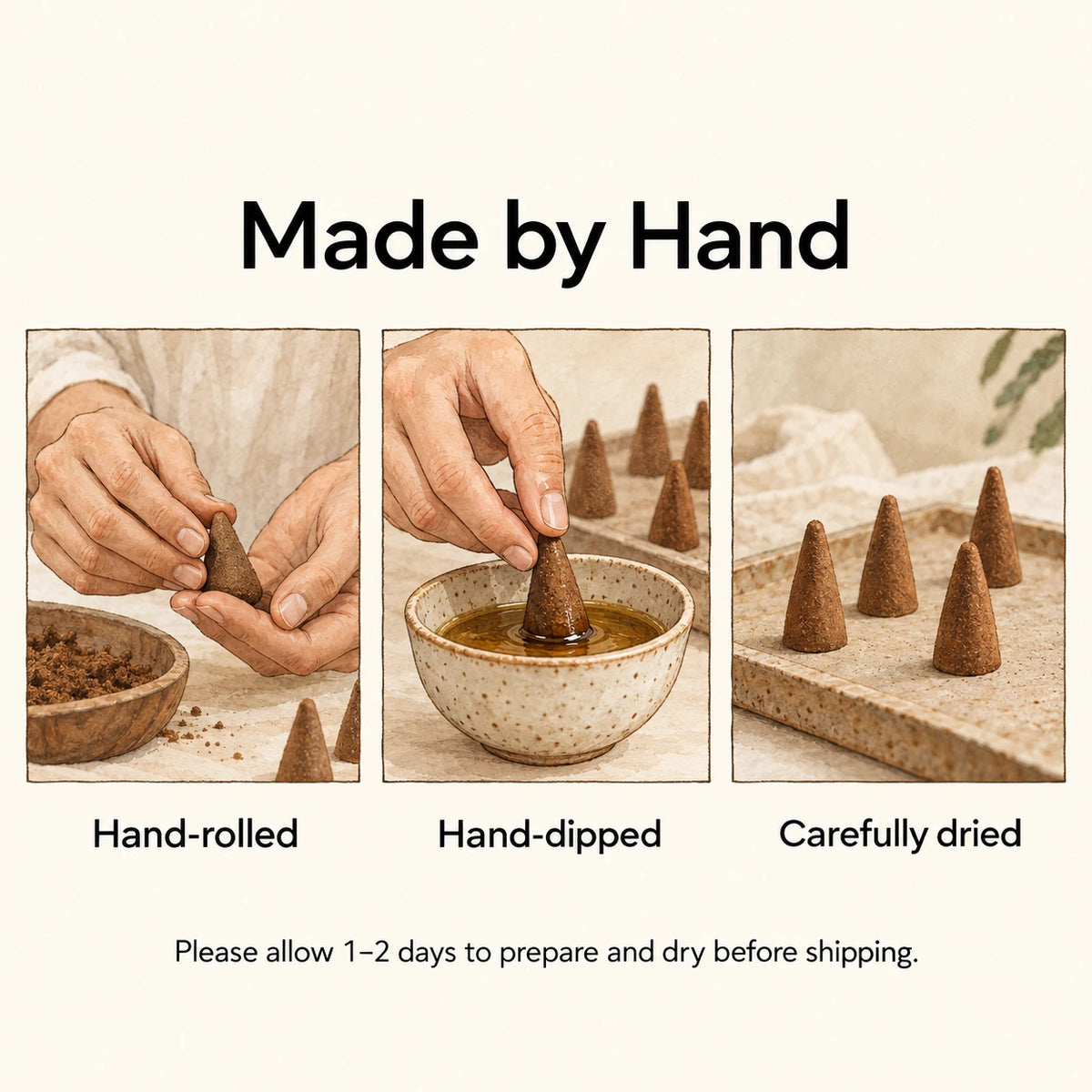 Incense cones being hand-rolled, dipped and dried before shipping.