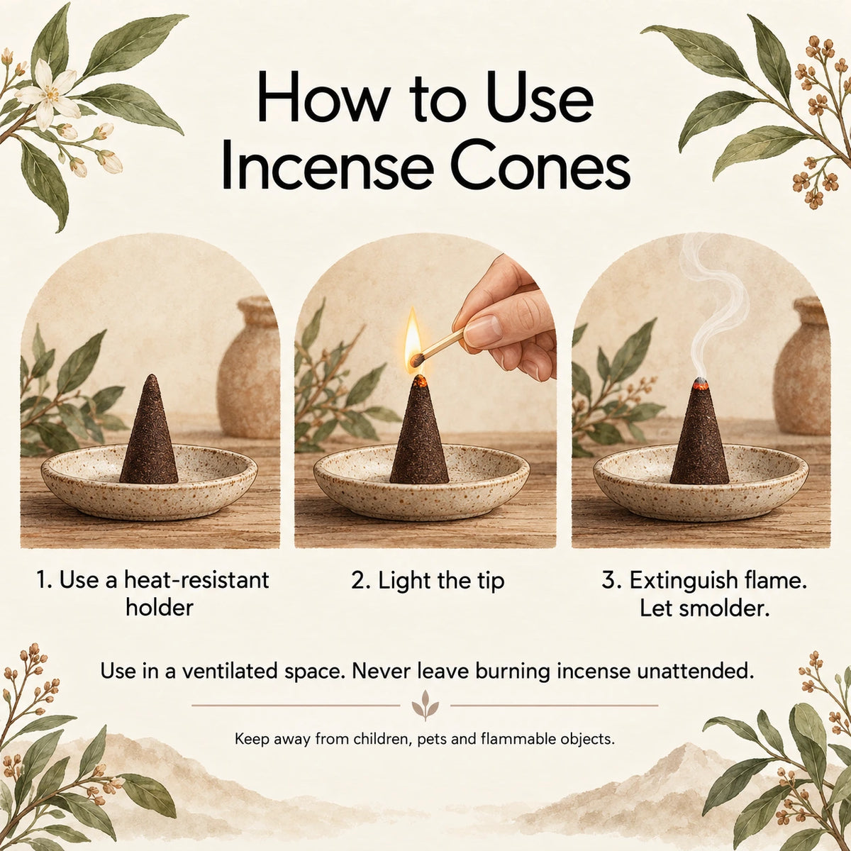 Illustrated guide to using incense cones: holder, lighting and smoldering.