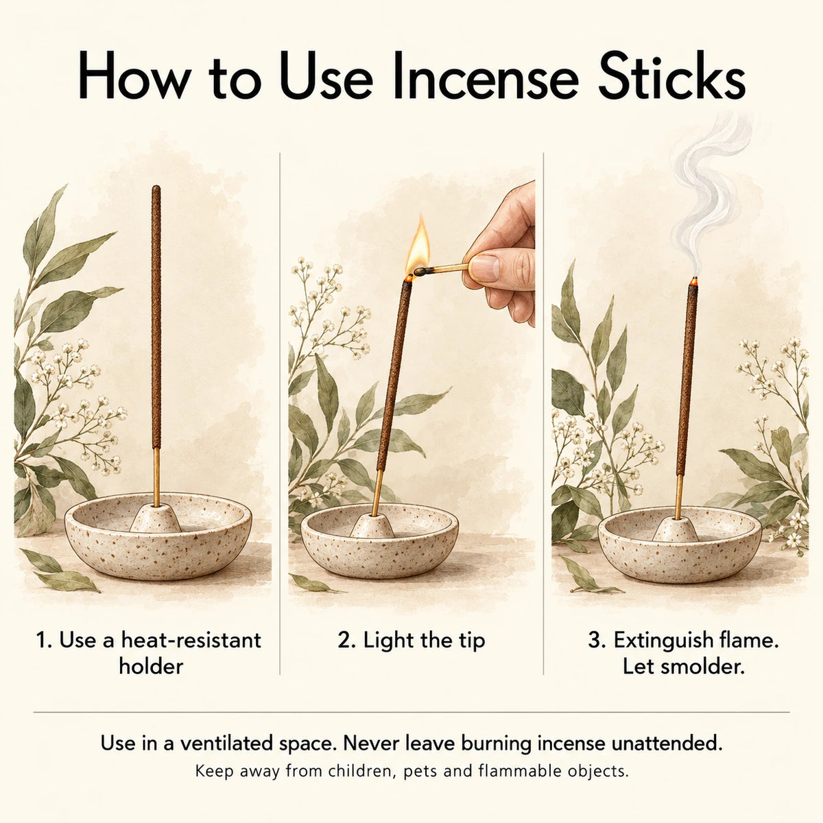 Illustrated guide to using incense sticks: holder, lighting and smoldering.