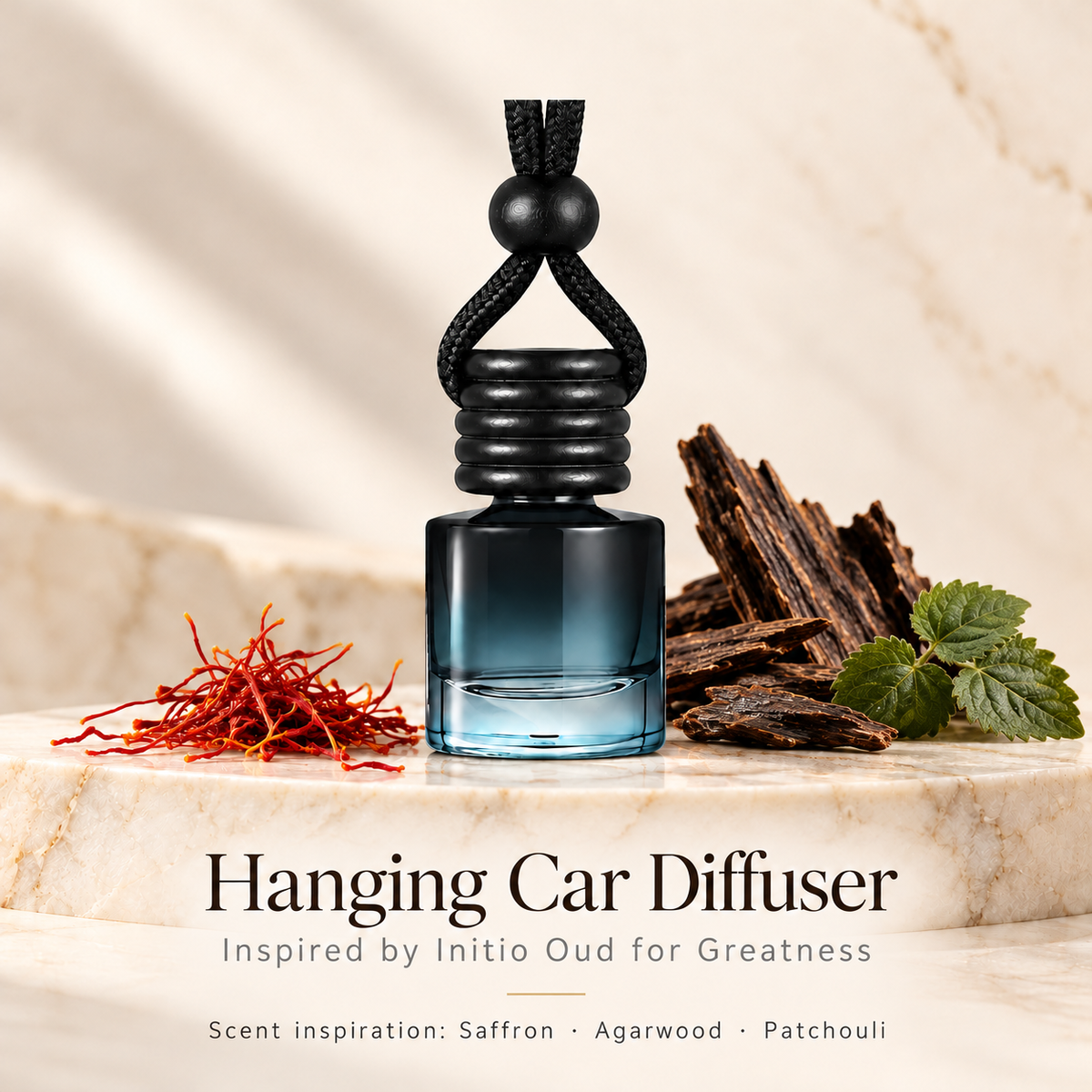 Hanging car diffuser inspired by Initio Oud for Greatness, with scent illustrations on warm ivory stone