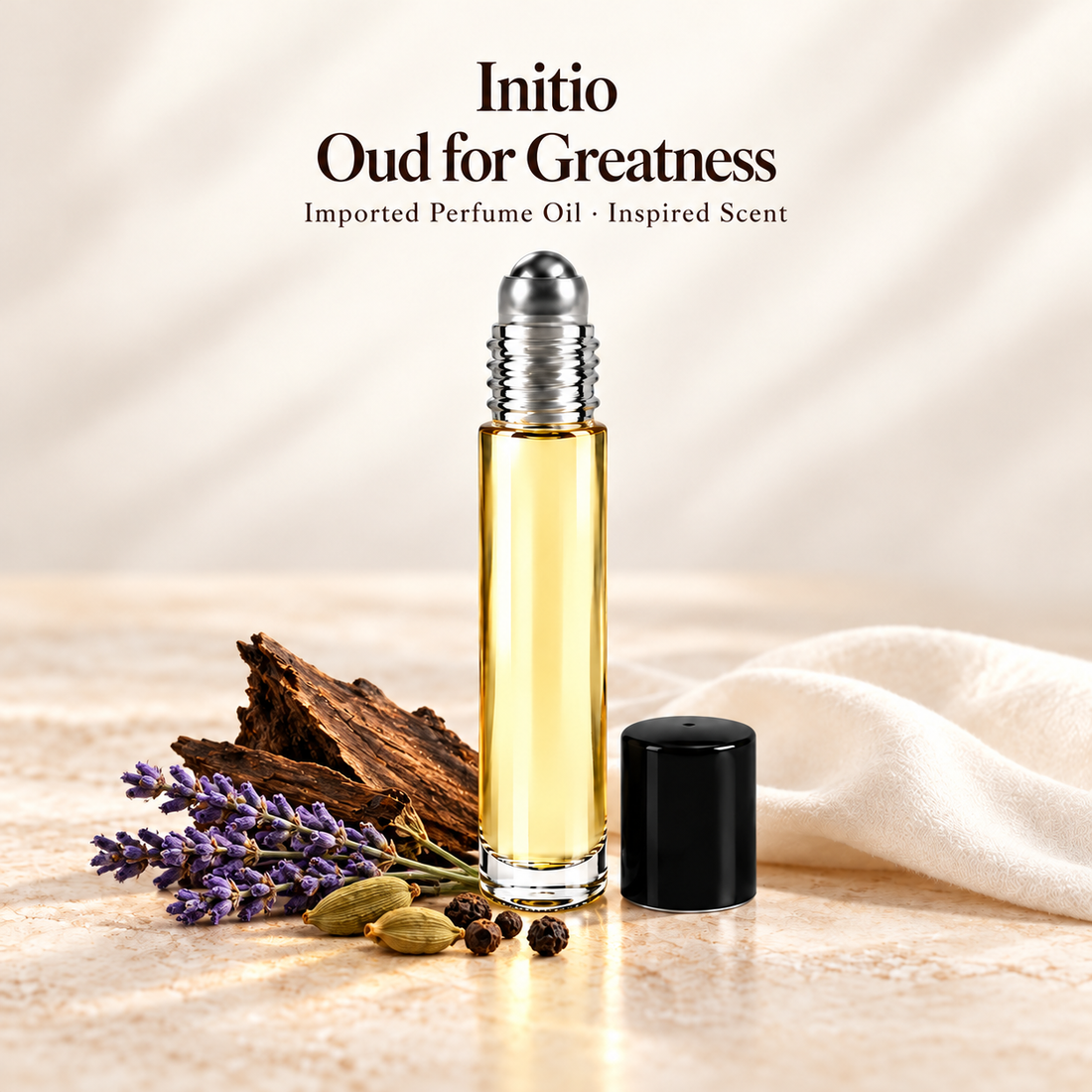 Initio Oud for Greatness Perfume Oil with minimal scent note accents on soft ivory