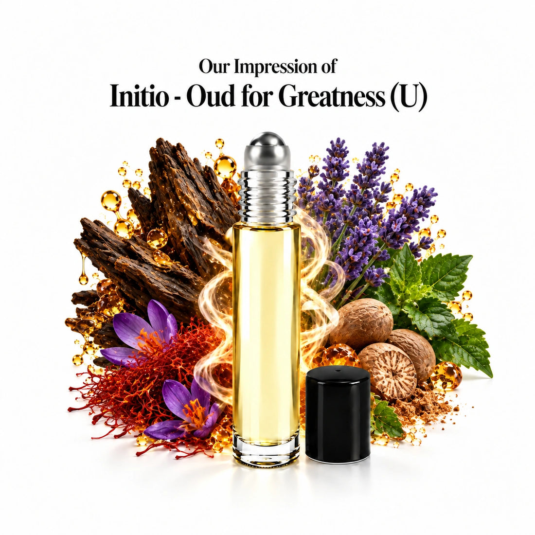 Initio - Oud for Greatness (U) perfume oil with a centered roll-on bottle and fragrance-note arrangement, generous white margins.