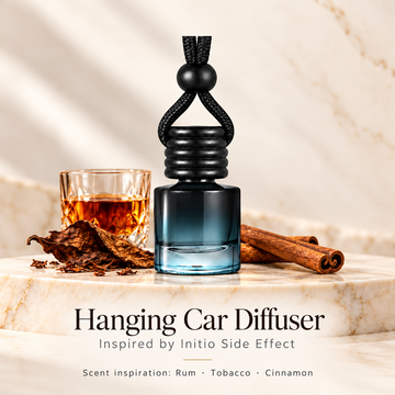 Hanging car diffuser inspired by Initio Side Effect, with scent illustrations on warm ivory stone