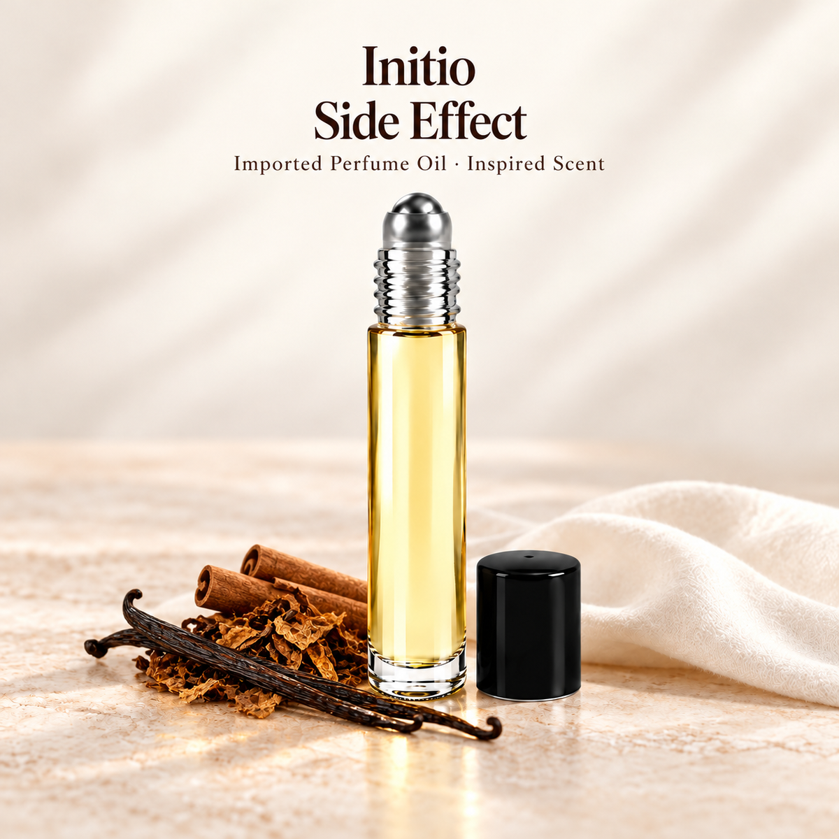 Initio Side Effect Perfume Oil with minimal scent note accents on soft ivory