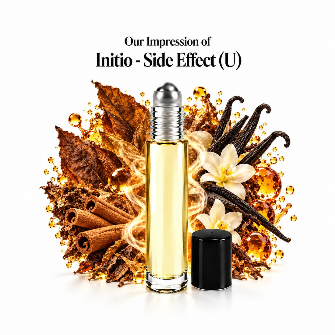 Initio - Side Effect (U) perfume oil with a centered roll-on bottle and fragrance-note arrangement, generous white margins.