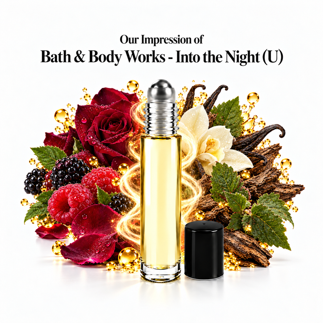 Into the Night inspired domestic perfume oil roll-on with berry, floral and vanilla scent imagery