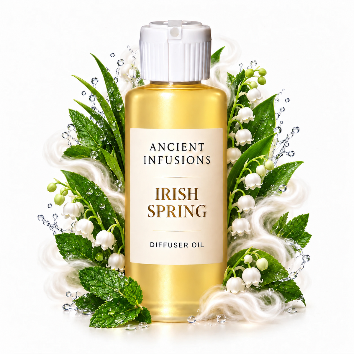 Irish Spring Diffuser Oil by Ancient Infusions with golden oil, white cap and matching scent artwork