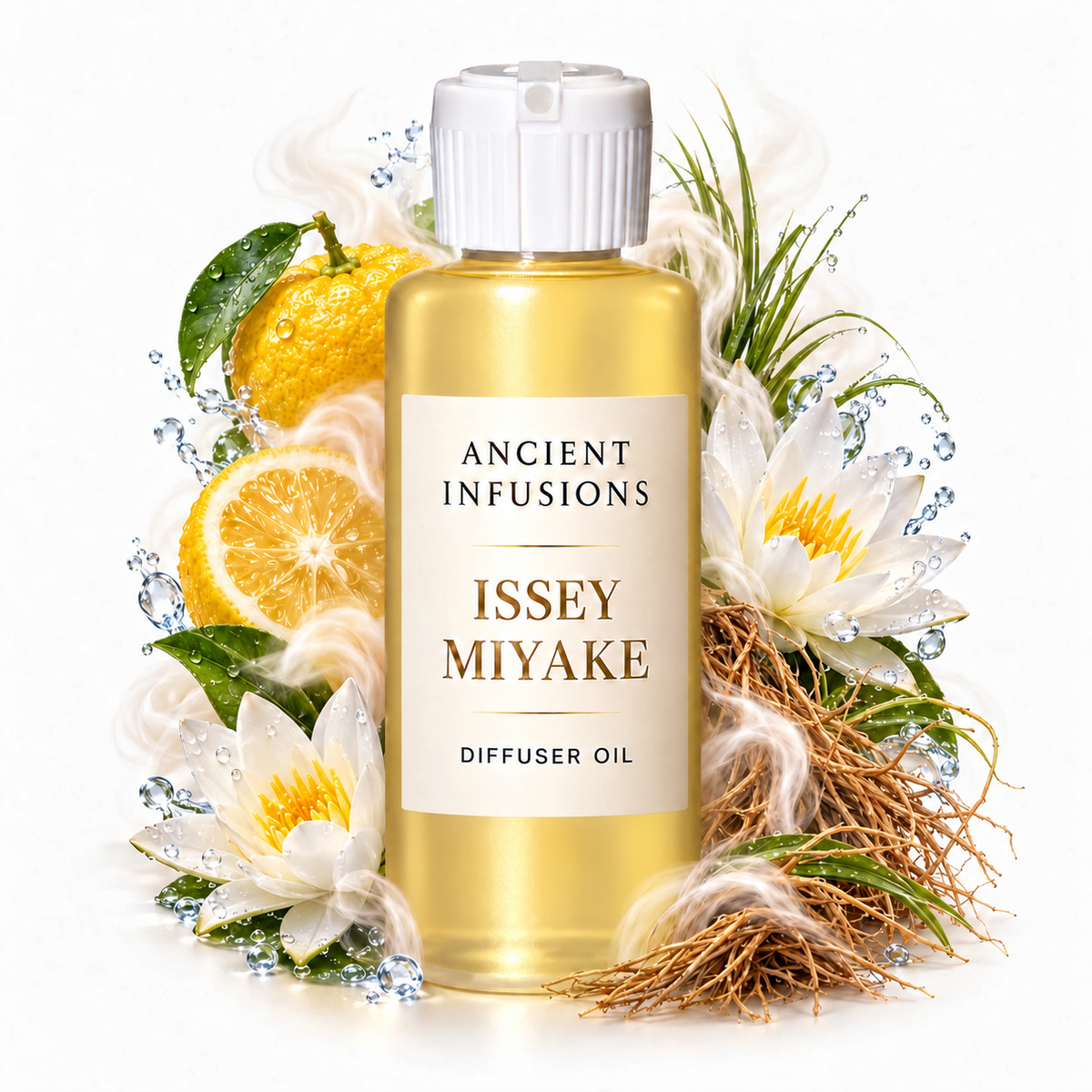 Issey Miyake Diffuser Oil by Ancient Infusions with golden oil, white cap and matching scent artwork