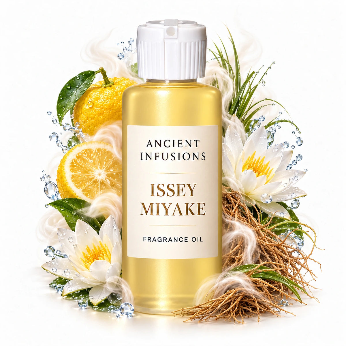 Issey Miyake fragrance oil by Ancient Infusions, with pale yellow oil and a tight halo representing yuzu, water lily, vetiver.