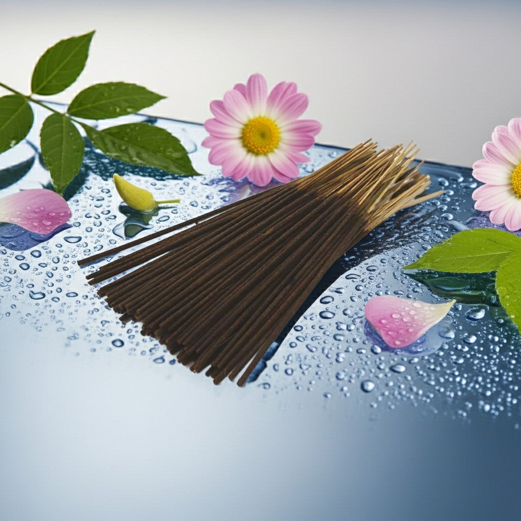 Issey Miyake Inspired Incense Sticks with a pink ribbon on a blue background with flowers and water droplets