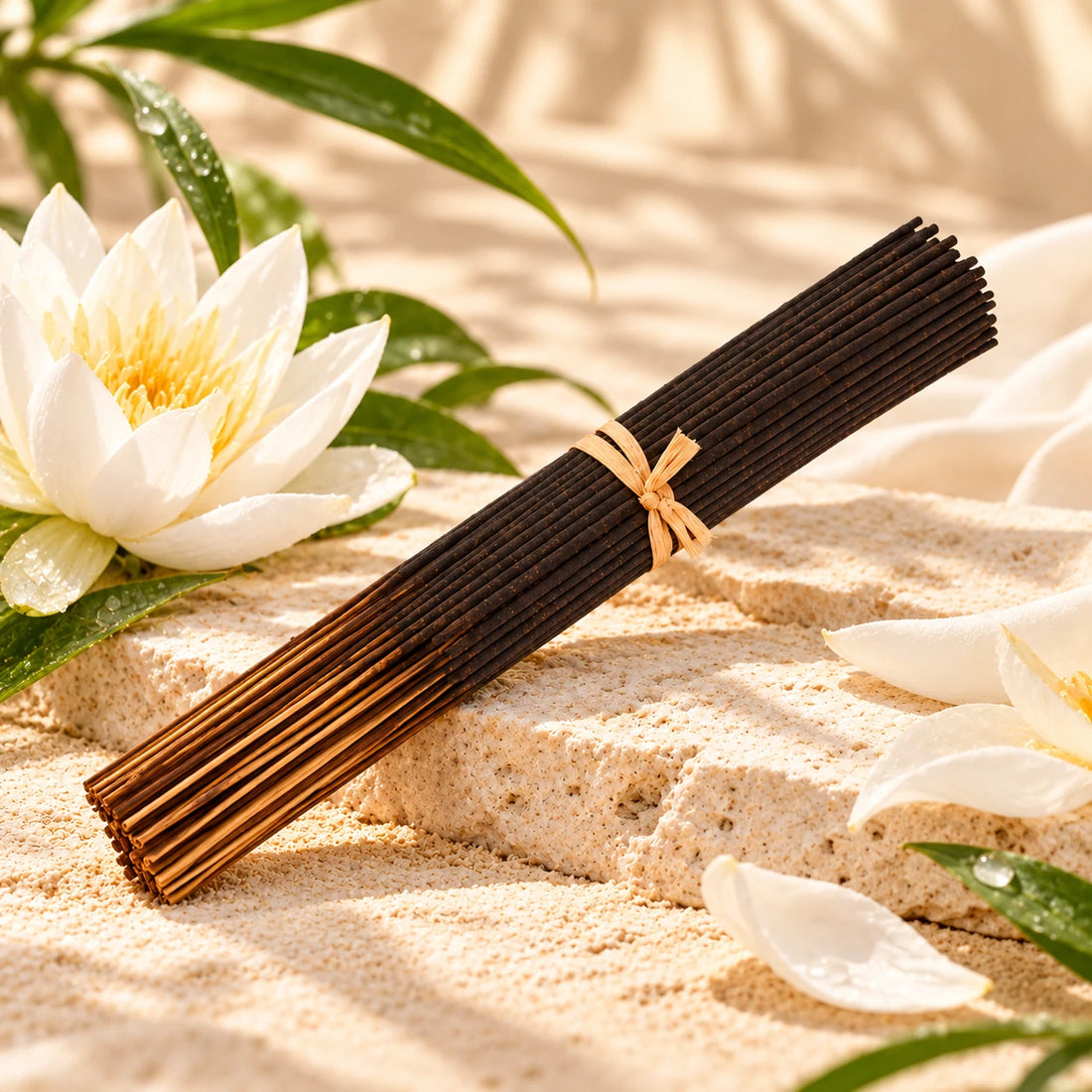 Issey Miyake Incense Sticks on cream stone.