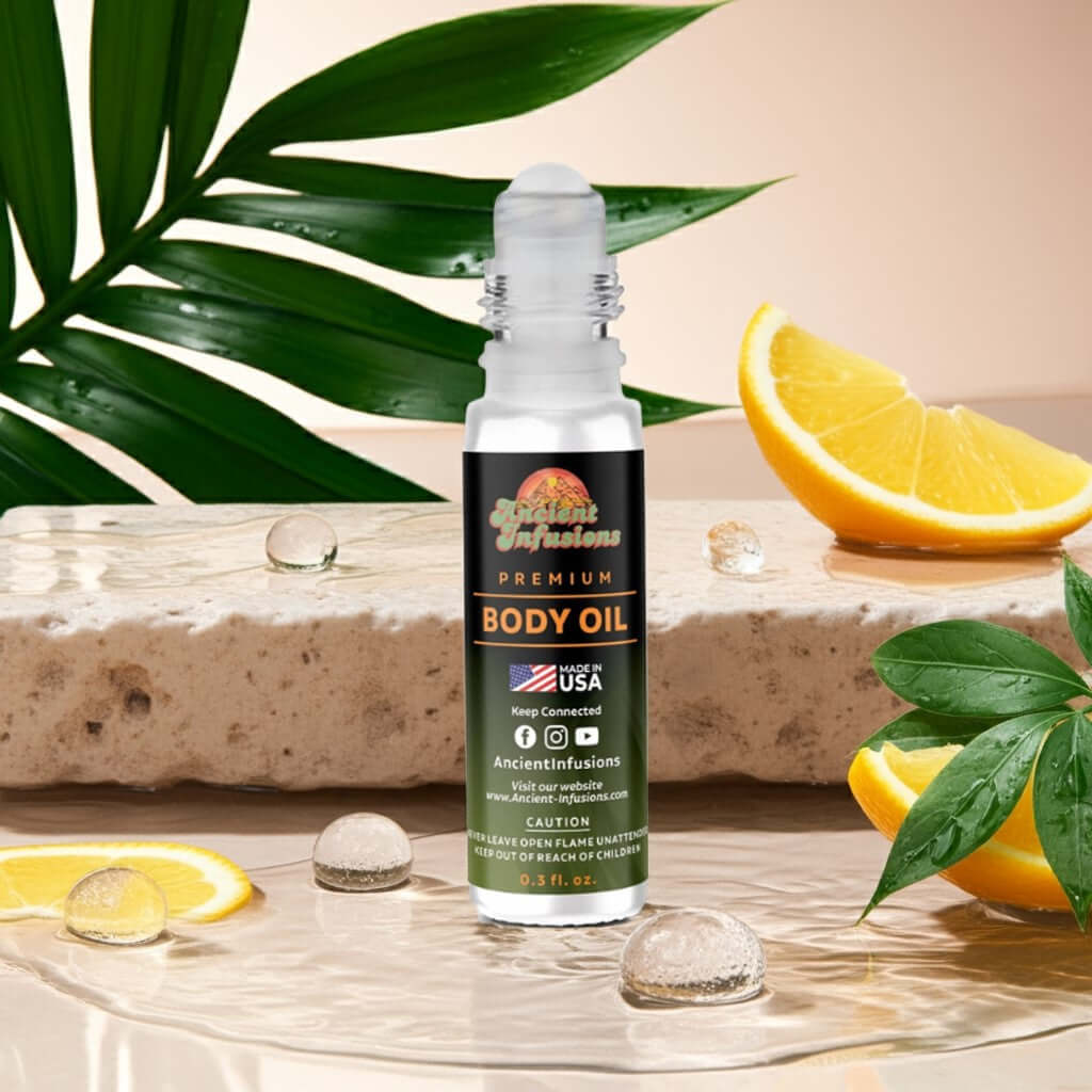 Issey Miyake Inspired Body Oil with citrus and greenery on a stone surface