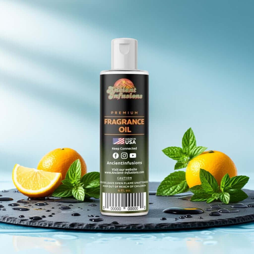 Issey Miyake Inspired Fragrance Oil bottle with citrus and mint elements on a sleek slate surface, conveying a fresh aquatic aroma.