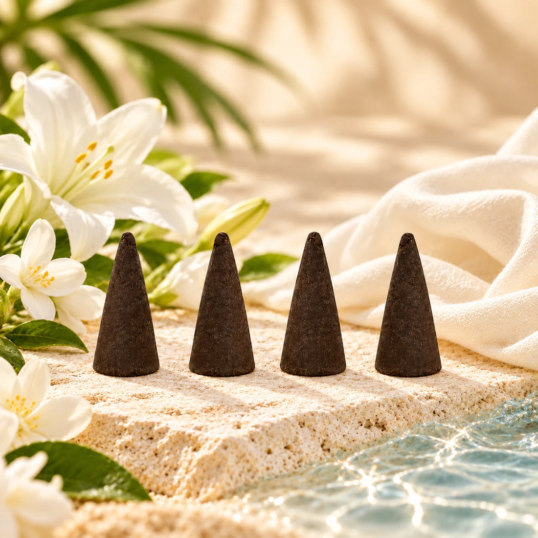 Issey Miyake Incense Cones on cream stone.
